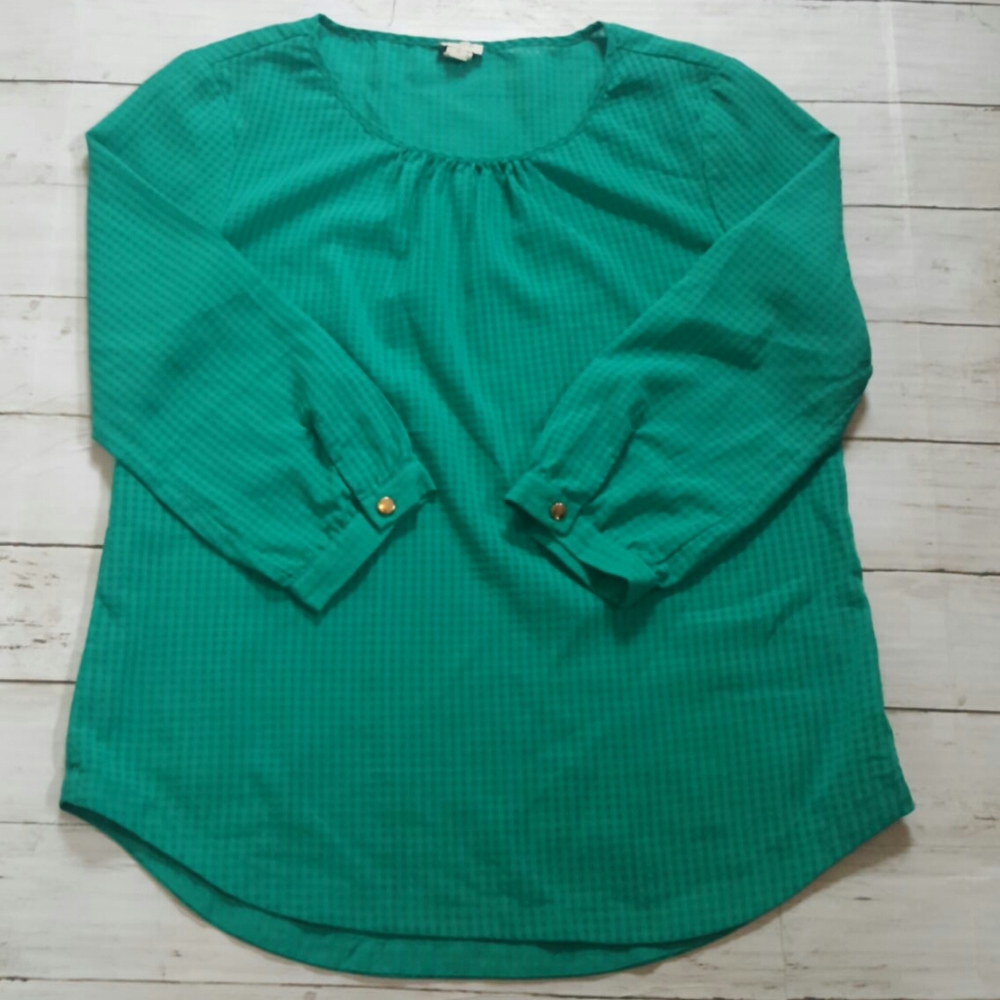 J.crew factory 3/4 sleeve green top lightweight subtle‎ gingham pattern blouse